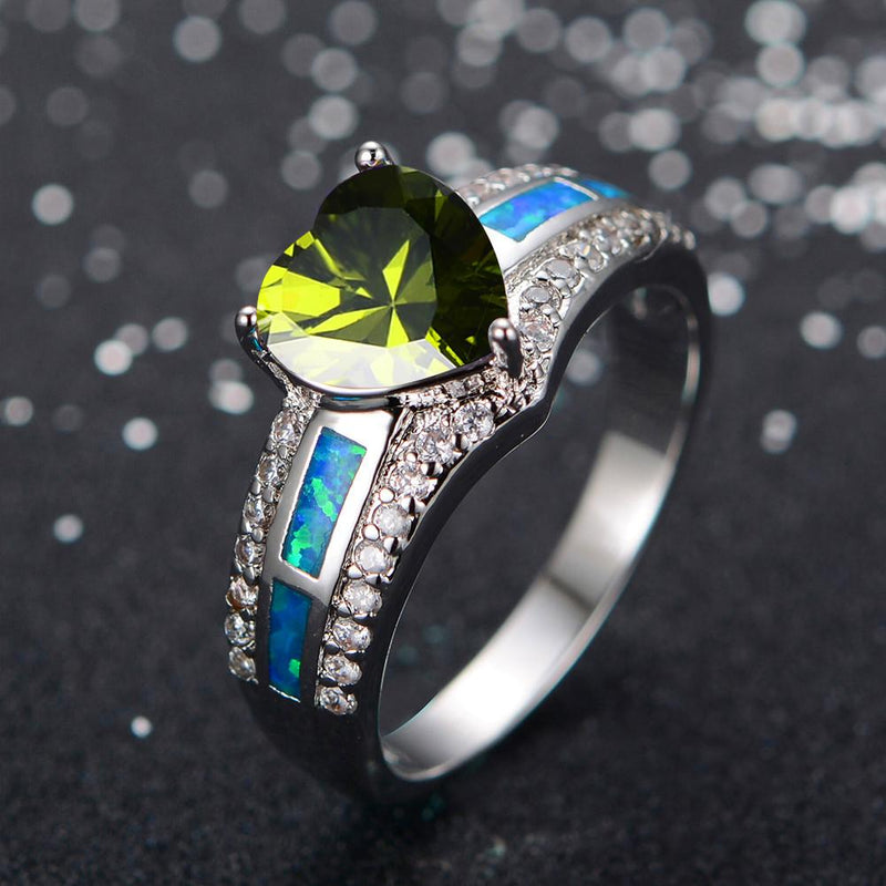 Women Peridot Heart Ring Blue Fire Opal Rings - Bamos