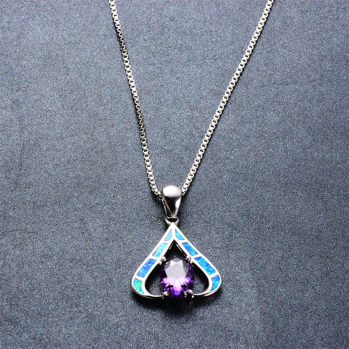 Purple Amethyst Oval Pendant Necklace (Blue Fire Opal) - Bamos