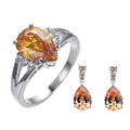 Women Champagne Topaz Ring Earrings Jewelry Set - Bamos