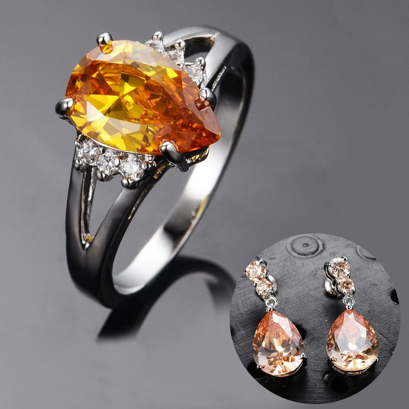 Women Champagne Topaz Ring Earrings Jewelry Set - Bamos