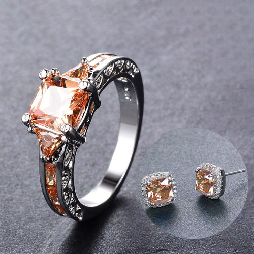 Women Champagne Geometric Topaz Ring Earrings Jewelry Set - Bamos