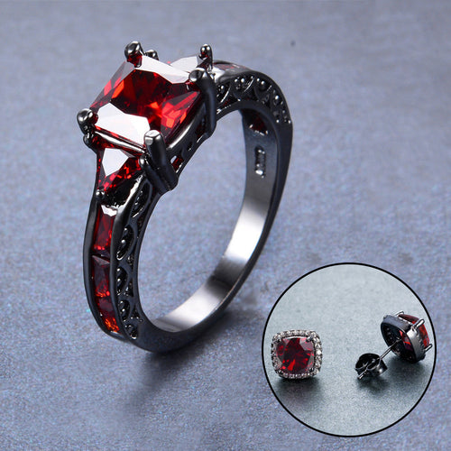 Women Red Geometric Ring Earrings Jewelry Set(January Birthstone) - Bamos