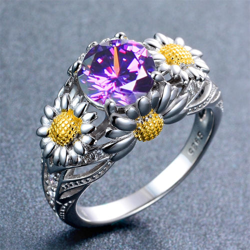 Purple Amethyst Daisy Ring (February Birthstone) - Bamos