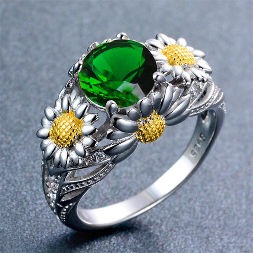925 Sterling Silver Emerald Daisy Ring - Bamos