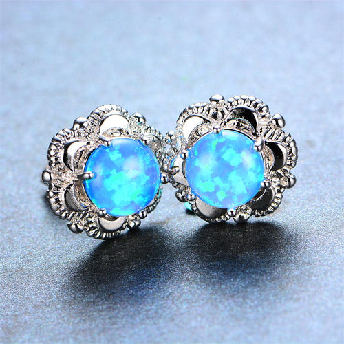 White & Blue Fire Opal Flower Stud Earrings - Bamos