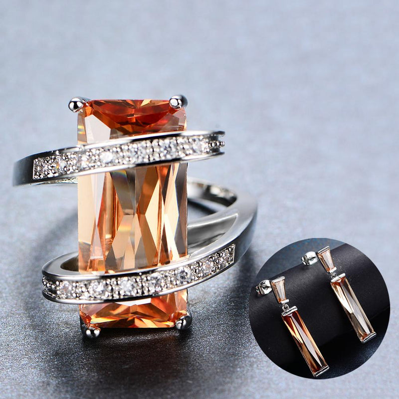 Women Champagne Topaz Ring Earrings Jewelry Set - Bamos