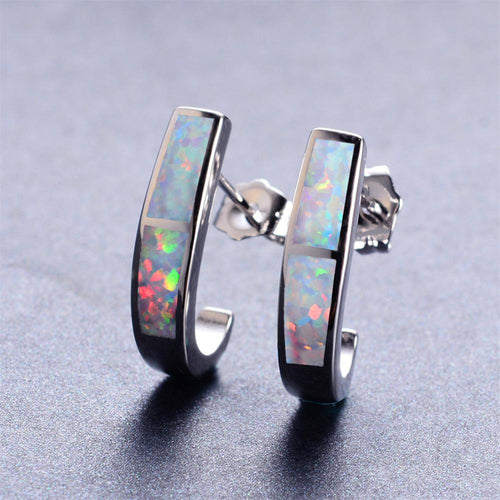White/Blue Fire Opal Letter Stud Earrings - Bamos