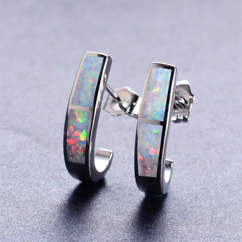 White/Blue Fire Opal Letter Stud Earrings - Bamos