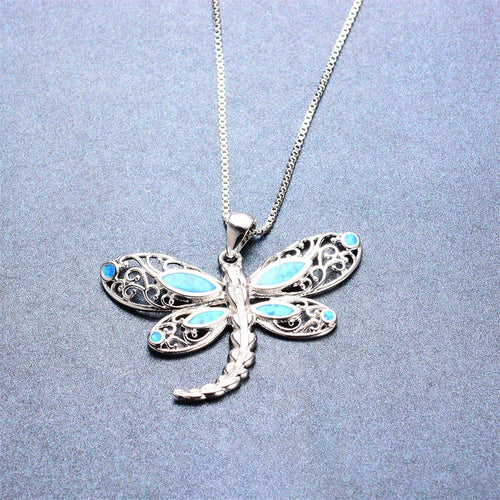 Dragonfly Pendant Necklace (Blue Fire Opal) - Bamos