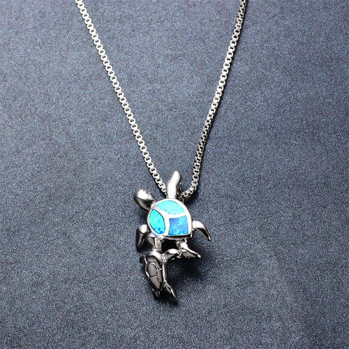 Mom & Baby Turtle Pendant Necklace (Blue Fire Opal) - Bamos