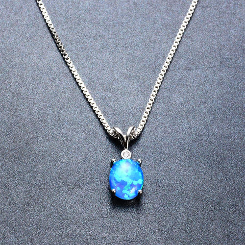 Simple Oval Pendant Necklace (Blue Fire Opal) - Bamos