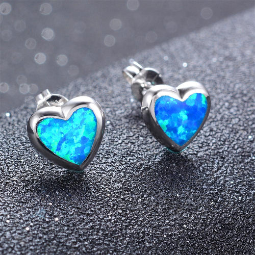 White & Blue Fire Opal Heart Stud Earrings - Bamos