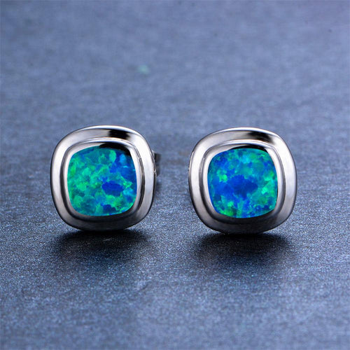 Blue/White Opal Square Stud Earrings - Bamos