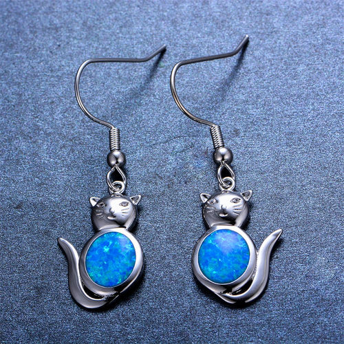 Blue/White Opal Cat Dangle Earrings - Bamos