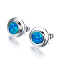 Blue/White Fire Opal Round Stud Earrings - Bamos