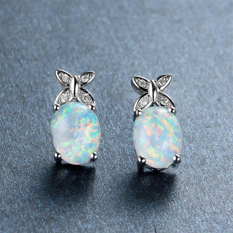 White/Blue Opal Oval Stud Earrings - Bamos