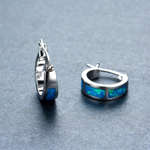 Blue/White Opal Round Hoop Earrings - Bamos