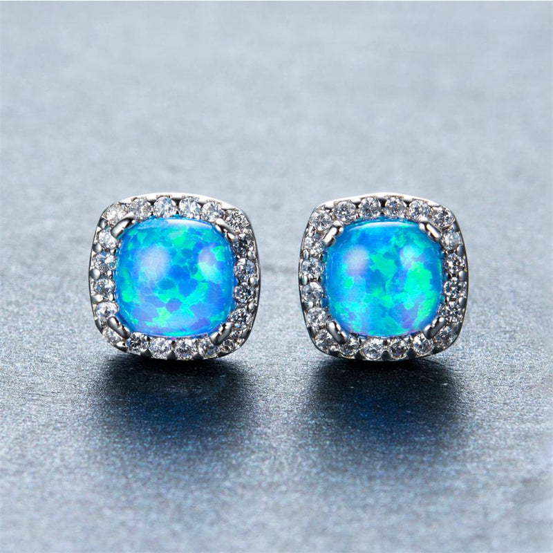 White/Blue Opal Round Stud Earrings - Bamos