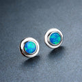 Blue/White Fire Opal Round Stud Earrings - Bamos