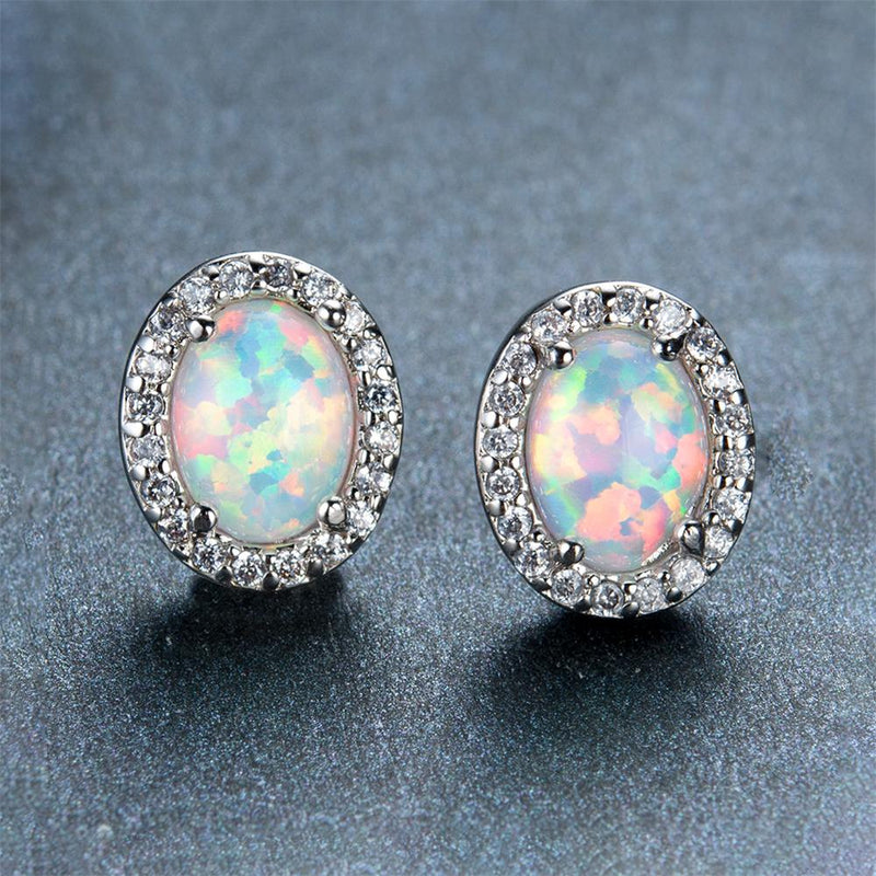 White/Blue Fire Opal Oval Stud Earrings - Bamos