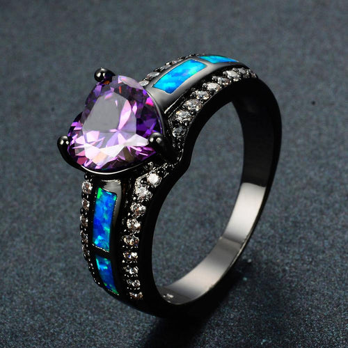 Women Purple Heart Ring Blue Fire Opal Rings - Bamos