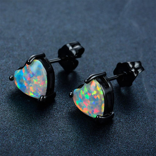 White/Blue/Green Opal Heart Stud Earrings - Bamos