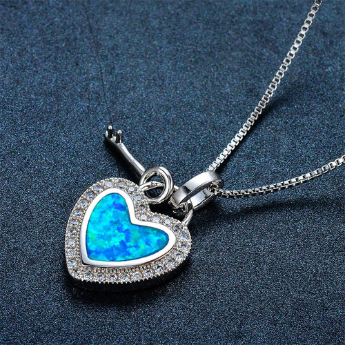 Heart & Key Pendant Necklace (Blue Fire Opal) - Bamos